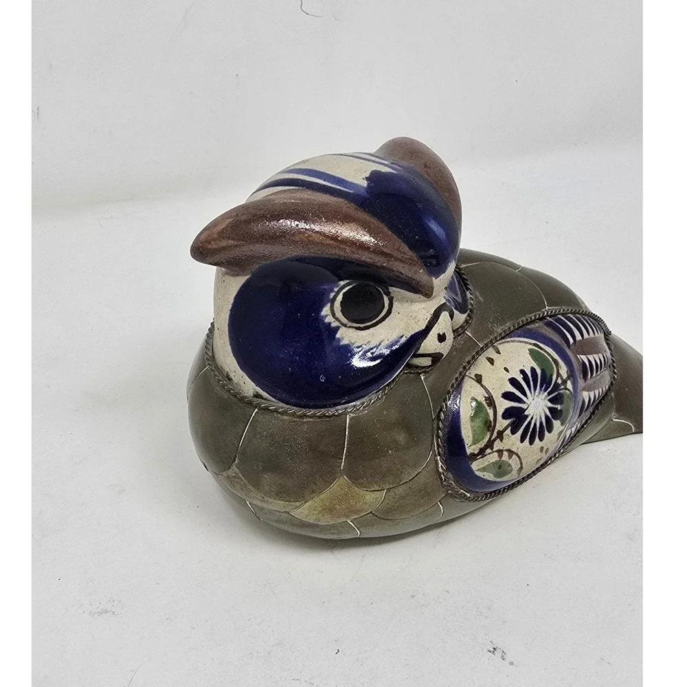 Vtg‎ Tonala brass and pottery owl figurine folk art blue white porcelain MCM